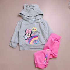 Bộ nỉ bông hoodie Disney - Ghi Minnie quần hồng