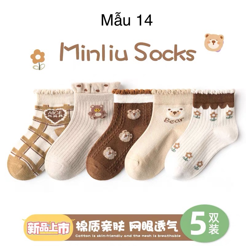 Set 5 tất Minliu Kids Socks nhiều hình Bé Gái size 2 - 12y