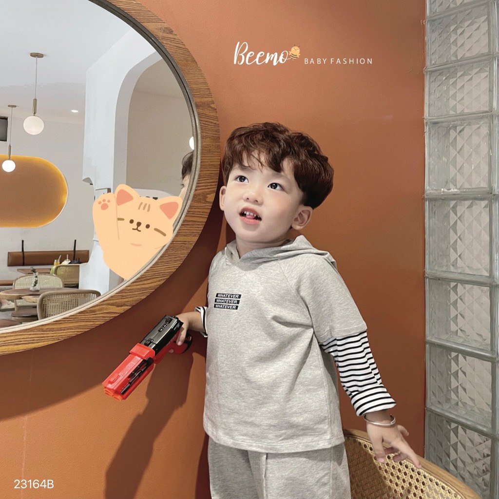 Bộ cotton Beemo áo có mũ phối tay kẻ Whatever 2 màu size 80 - 130
