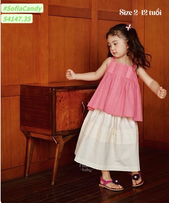 S4147 - Set bộ Sofia Candy vải thô áo 2 dây hồng phối chân váy trắng size 2-12y