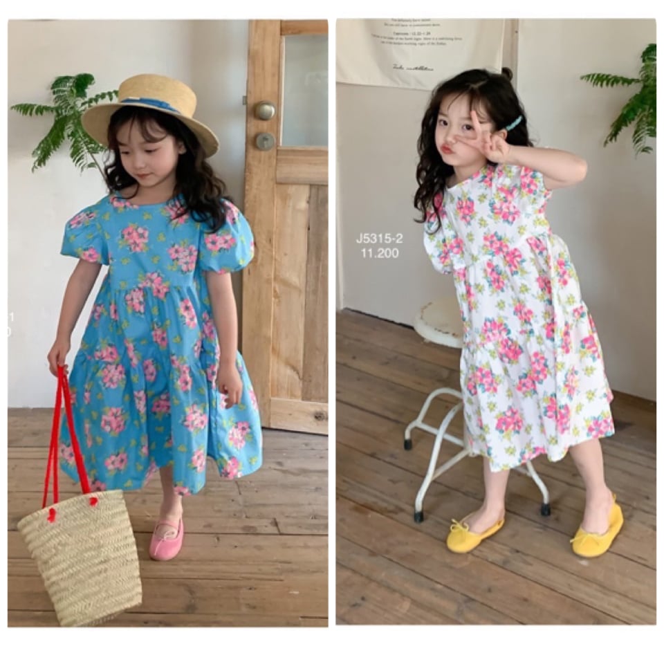 Váy thô June xếp tầng tay bồng 2 màu hoa size 1 - 10y