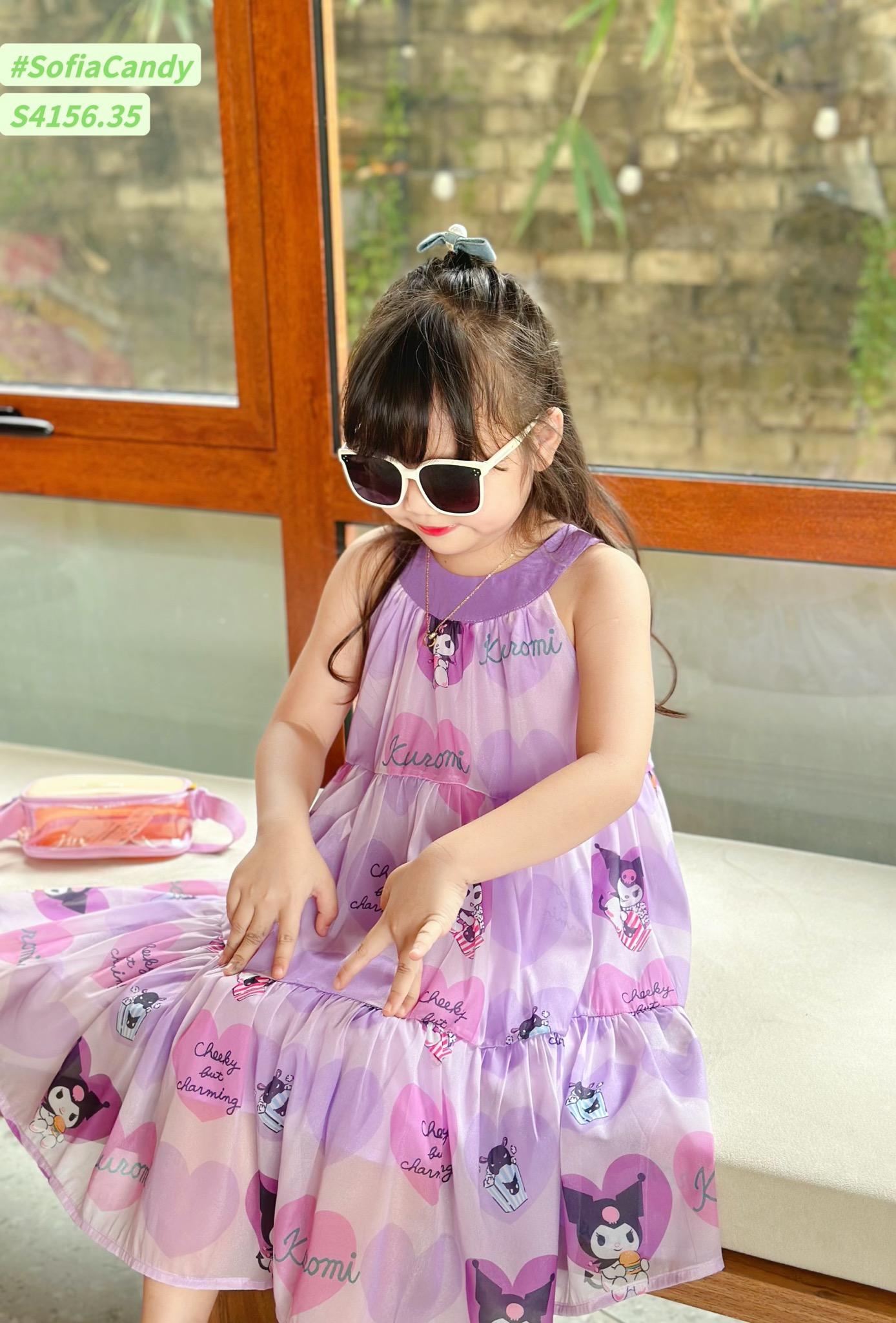 S4156 - Váy Sofia Candy vải tơ kuromi 2 màu hồng/tím in tràn cổ yếm size 1-10y