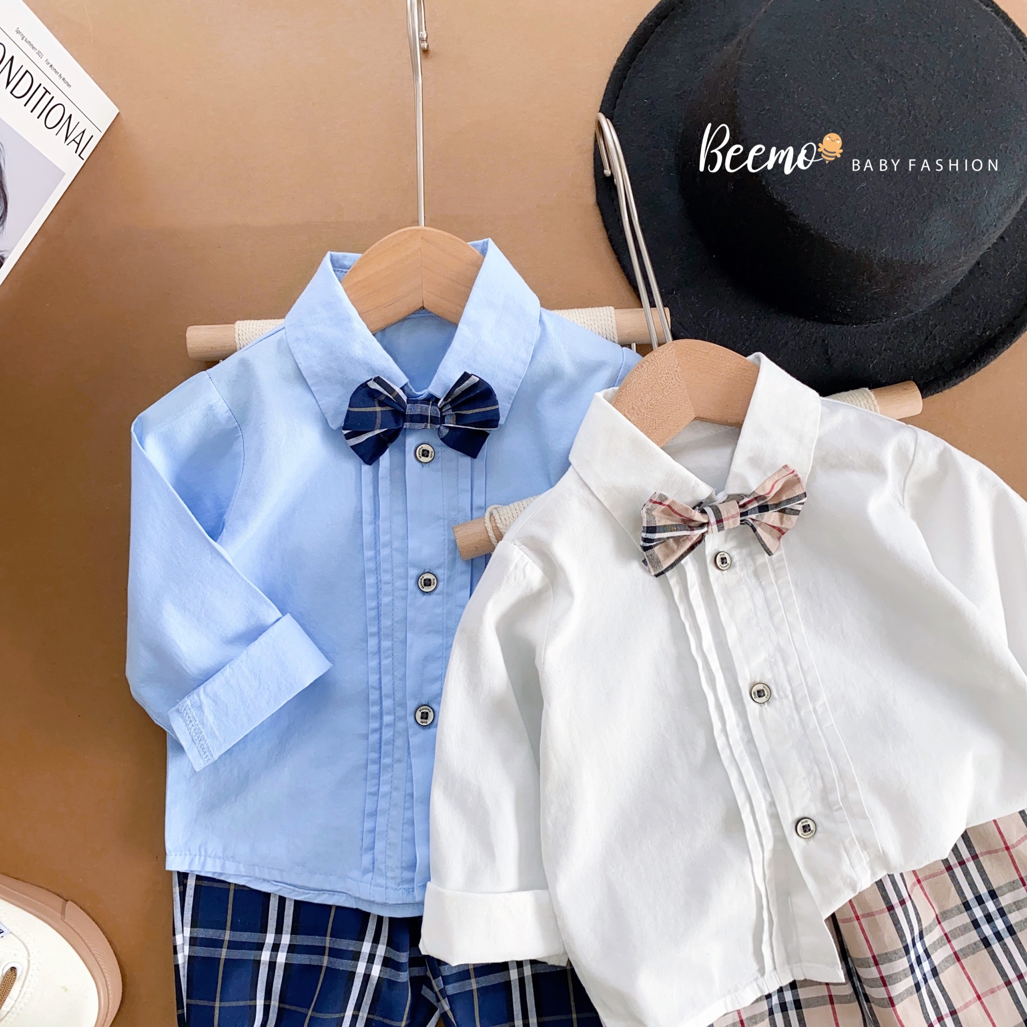 Set bộ Beemo sơ mi kèm nơ + quần kẻ BBR 2 màu size 80 - 130