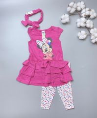 [30%] Bộ cotton áo hồng mickey - quần trắng hoa nhí kèm băng đô