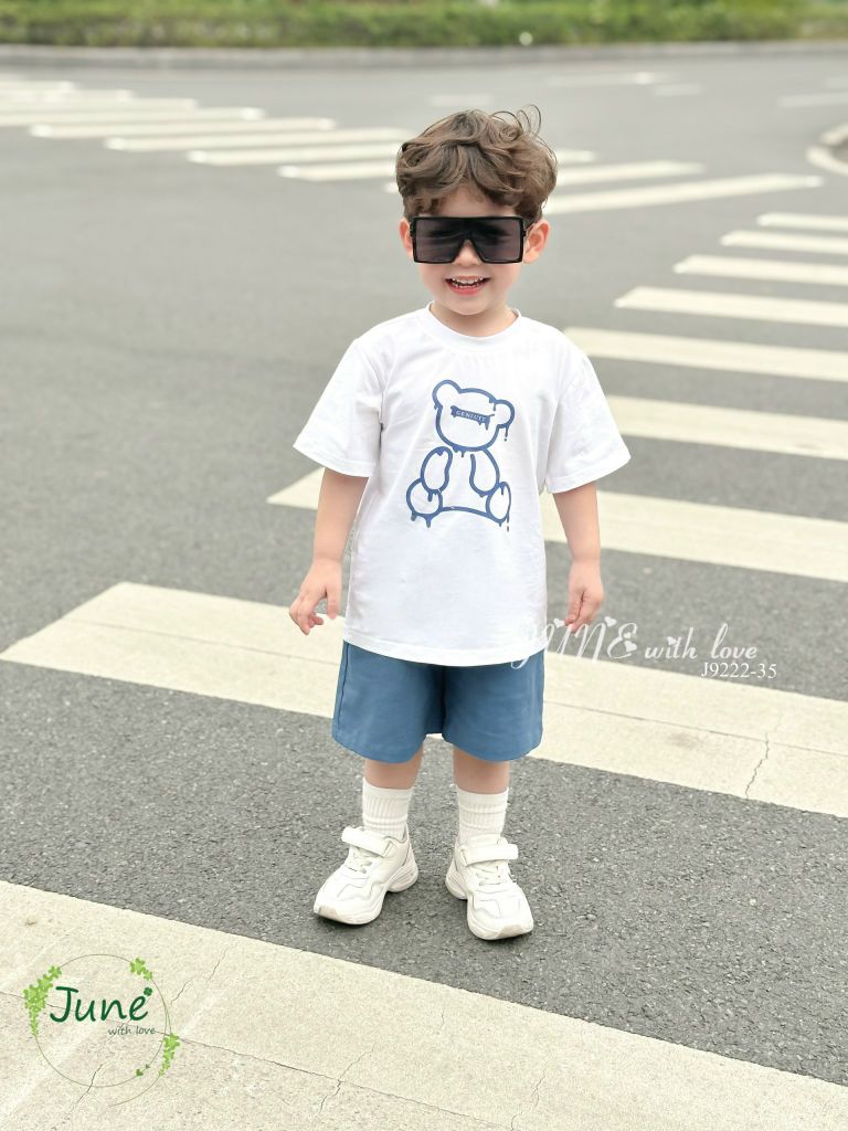 Bộ June with love áo cotton trắng gấu Geniuty - quần thô xanh BT size 2-12y