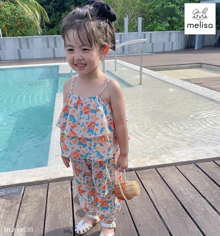 Bộ thô lanh Melisa áo 2 dây xếp bèo - quần boom 2 màu hoa size 2 - 11y