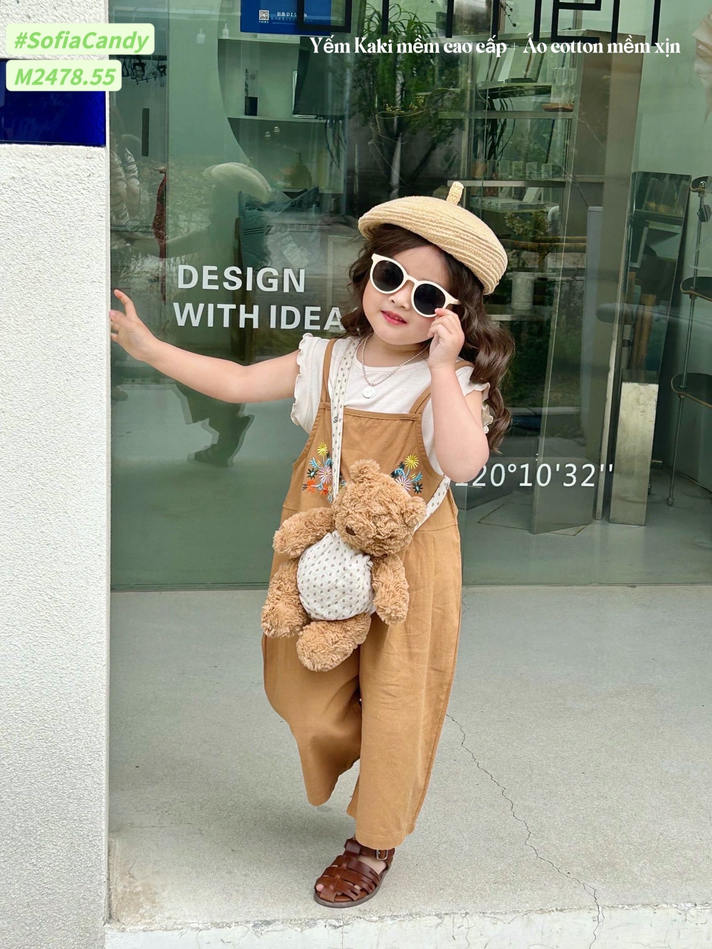 Set Mia Kids yếm thô nâu thêu hoa ngực phối áo cotton trắng size 1 - 10y