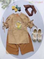 [6-10y] Áo dài Shin Closet bé gái - Linen thêu tay - nâu