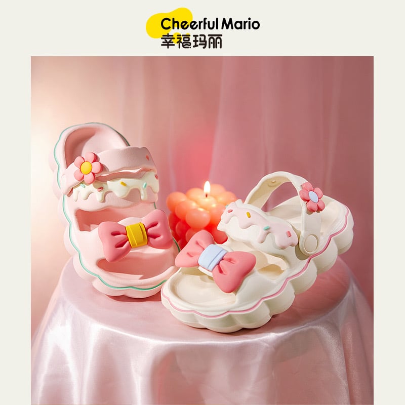 Sandal nhựa mềm Mario hoạ tiết nơ hoa 2 màu hồng/kem bé gái size 170-220