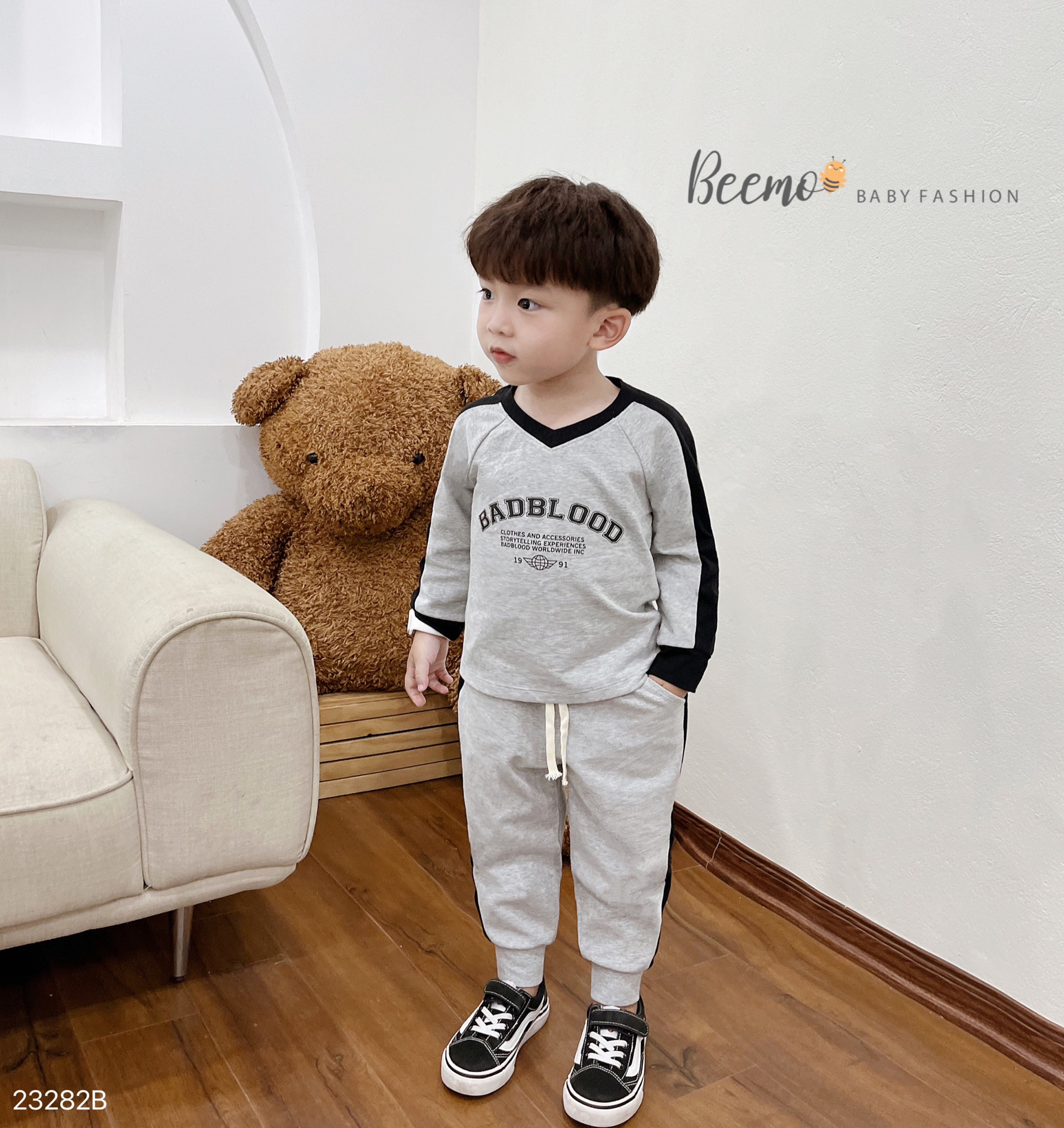 Bộ cotton Beemo cổ tim BADBLOOD 2 màu đen / ghi size 80 - 130