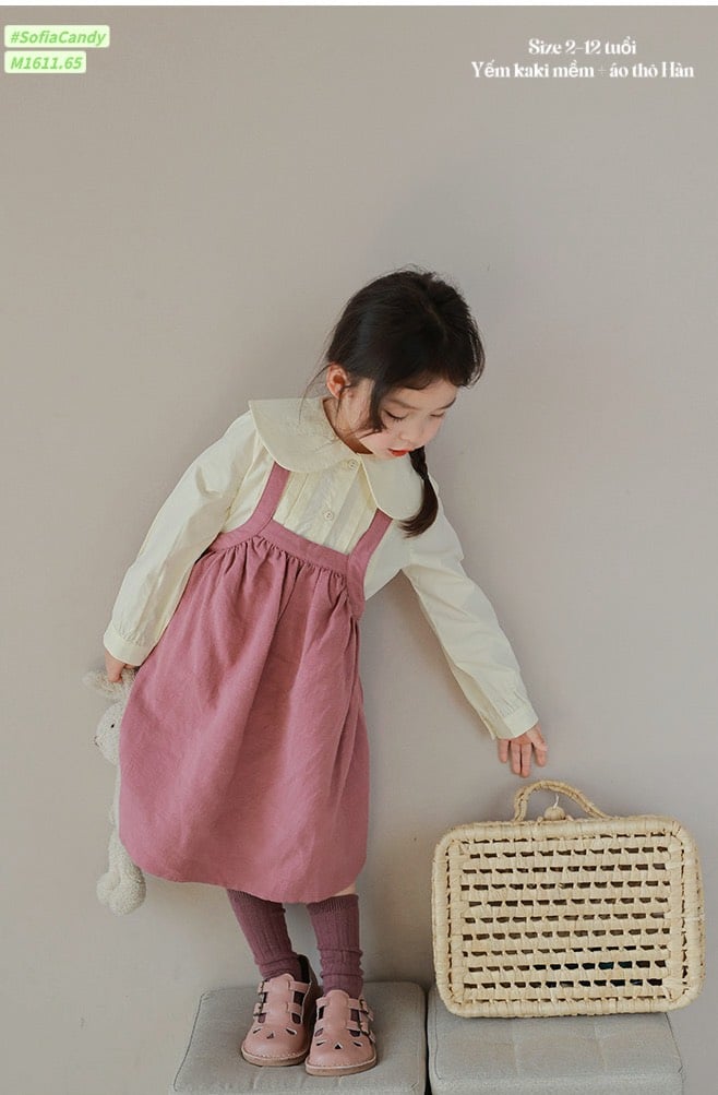 Set Sofia Candy áo sơ mi vàng kem - váy yếm hồng vỏ đỗ size 2 - 12y