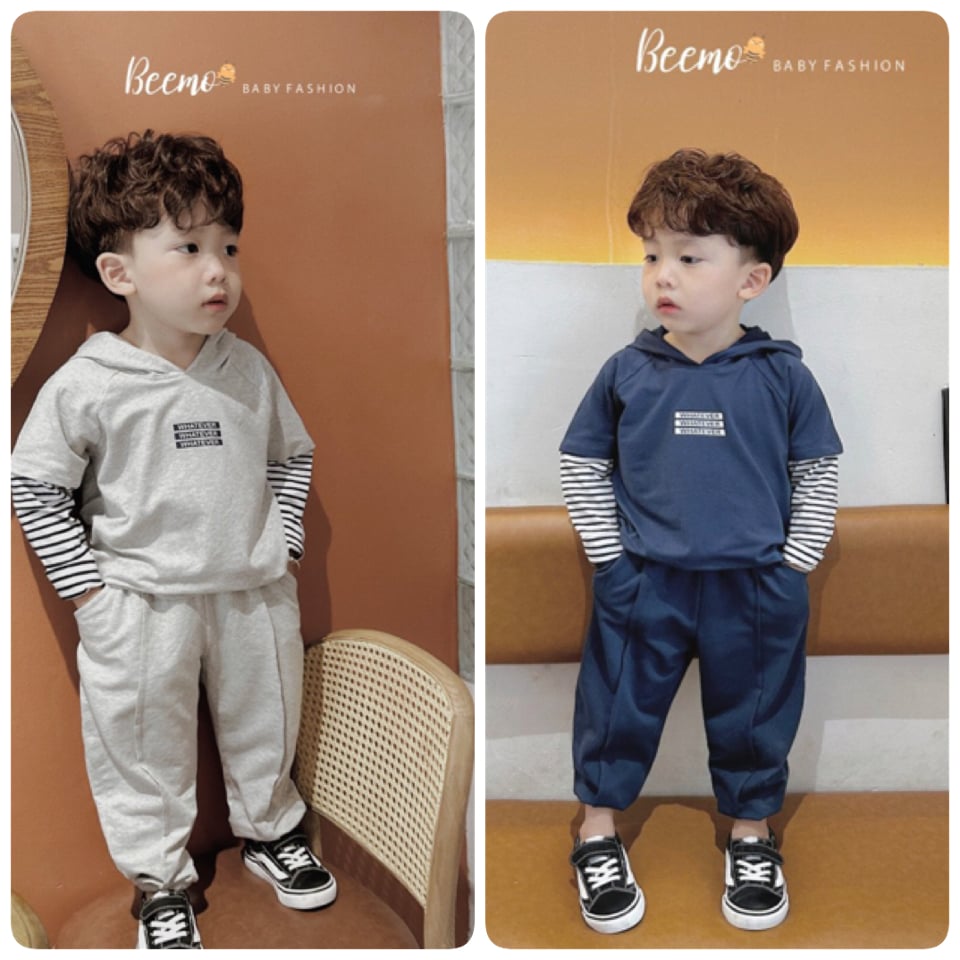 Bộ cotton Beemo áo có mũ phối tay kẻ Whatever 2 màu size 80 - 130