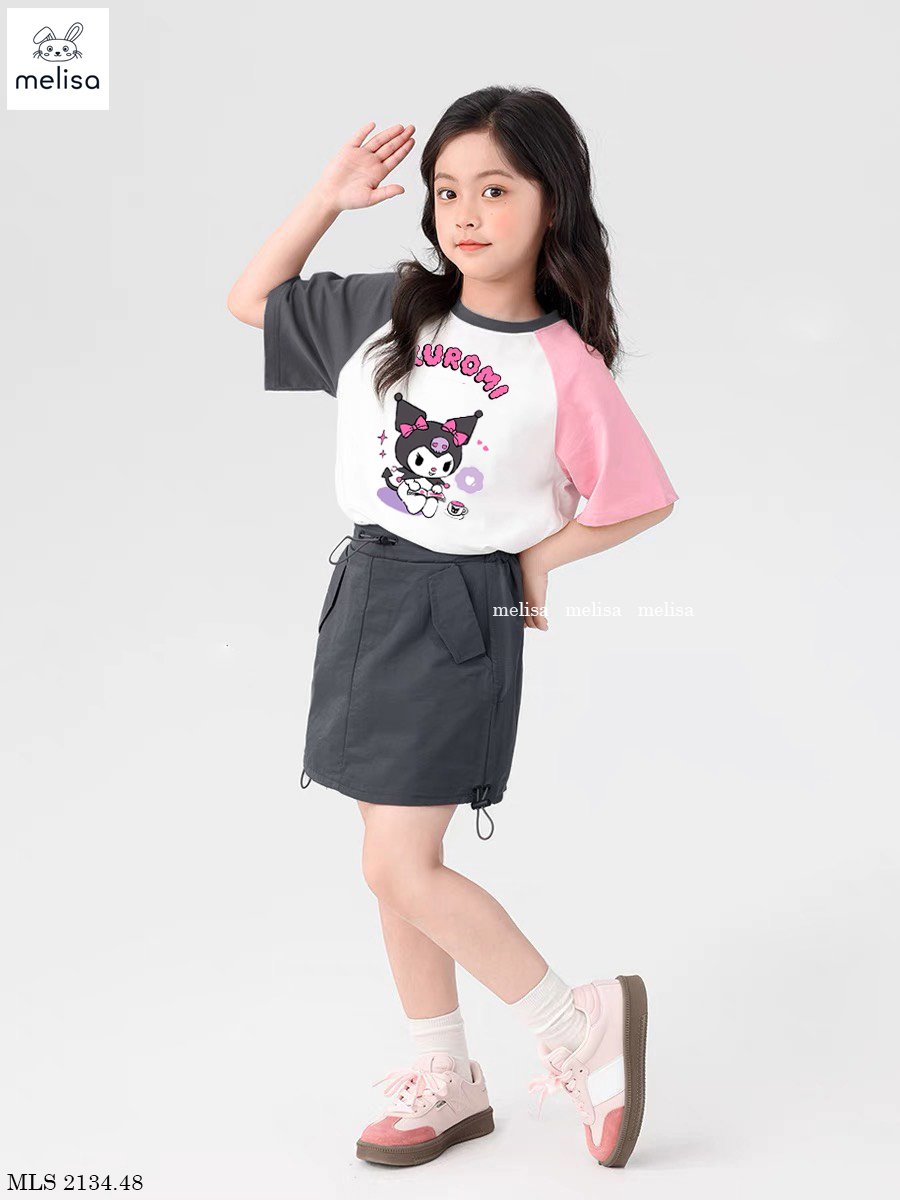 Bộ Melisa áo tay phối Kuromi mix chân váy ghi size 2-12y