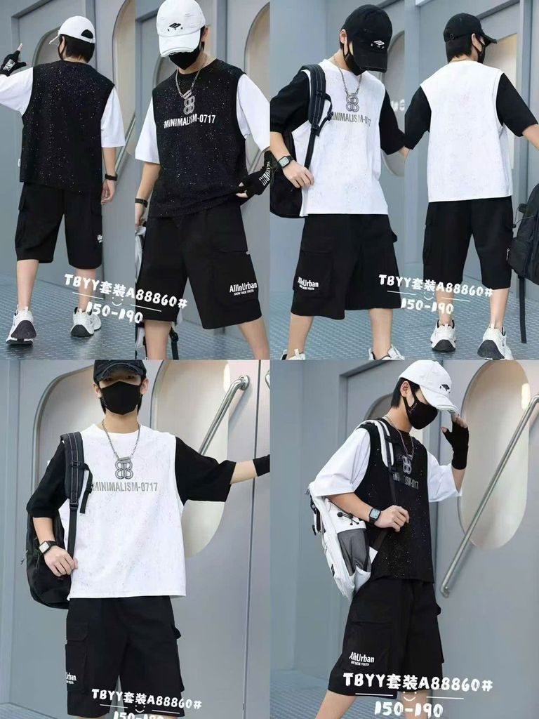 99960 - Bộ cotton QC dòng đại 2 màu trắng đen bé trai size 150-190