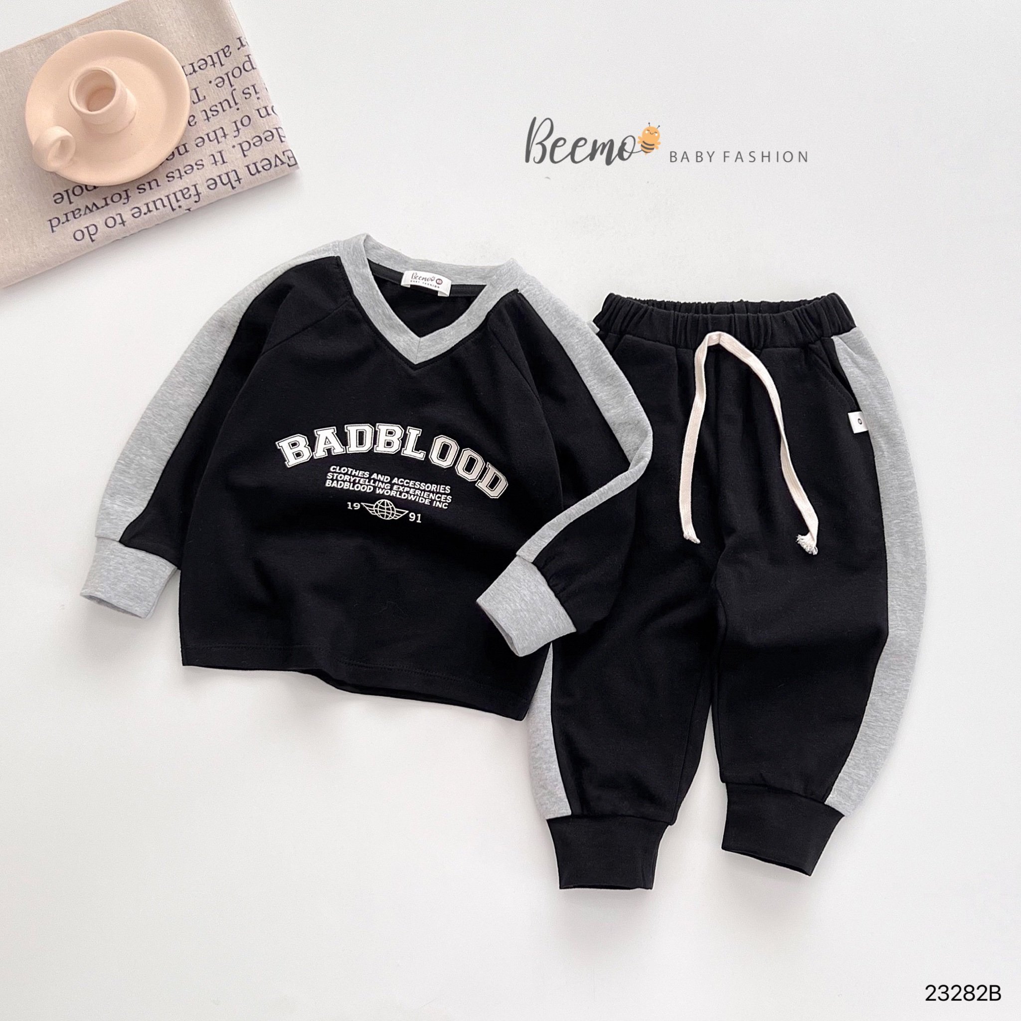 Bộ cotton Beemo cổ tim BADBLOOD 2 màu đen / ghi size 80 - 130