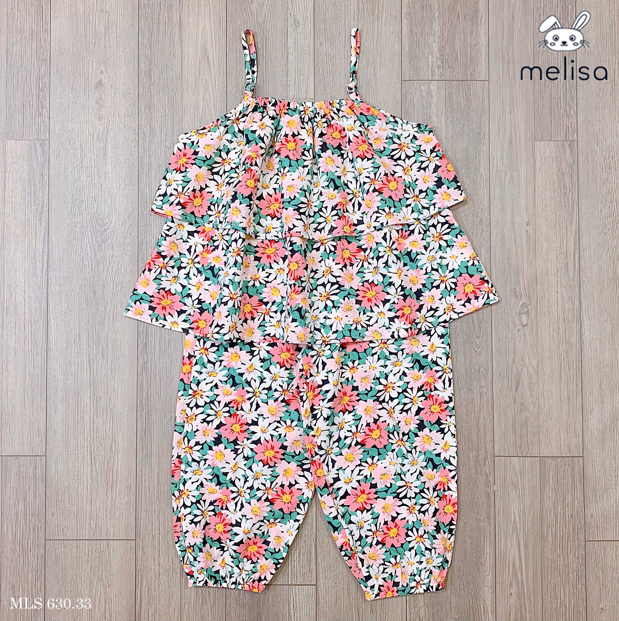 Bộ thô lanh Melisa áo 2 dây xếp bèo - quần boom 2 màu hoa size 2 - 11y