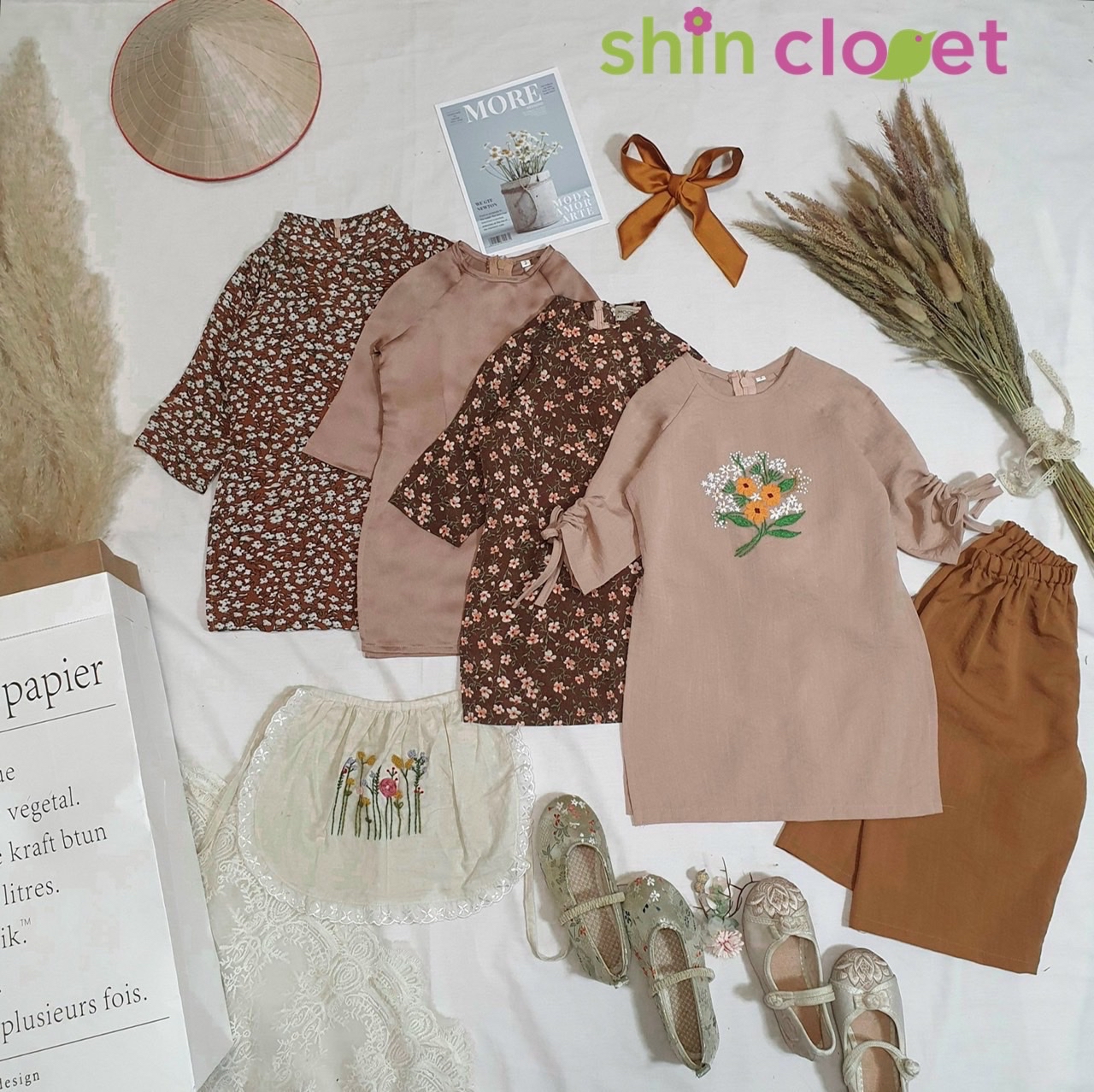 [1-5y] Áo dài Shin Closet bé gái - linen thêu tay - nâu