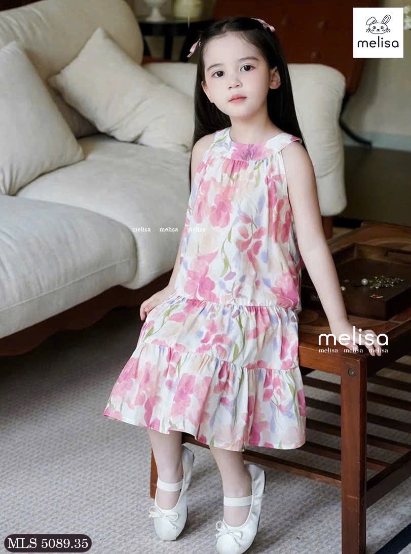MLS 5089 - Váy Melisa cổ yếm vải thô hoa hồng bé gái size 2-12y