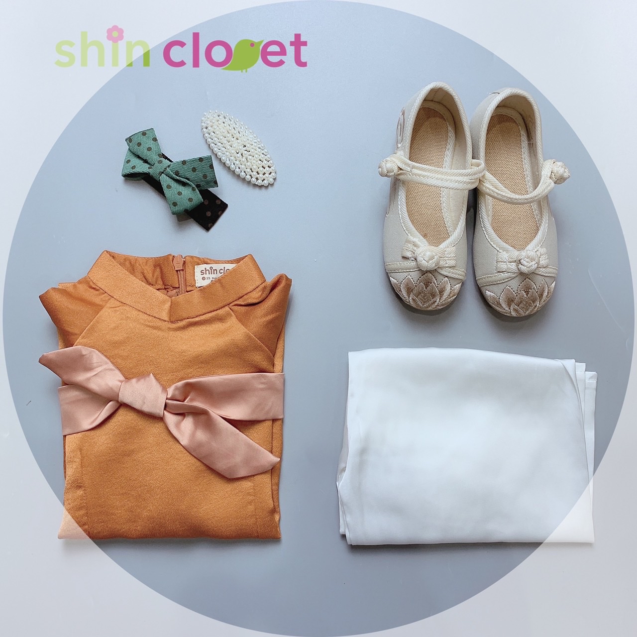 [1-5y] Áo dài Shin Closet bé gái - lụa trơn cam