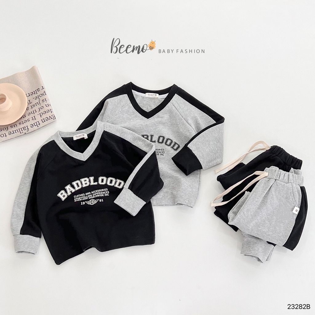 Bộ cotton Beemo cổ tim BADBLOOD 2 màu đen / ghi size 80 - 130