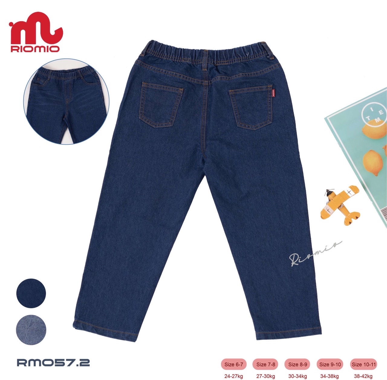 Quần jean mềm Riomio dáng baggy bé trai trơn 2 màu đậm / nhạt