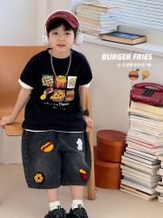 Áo cotton AoAo Kids màu đen hoạ tiết pizza donut cho bé size 110-150