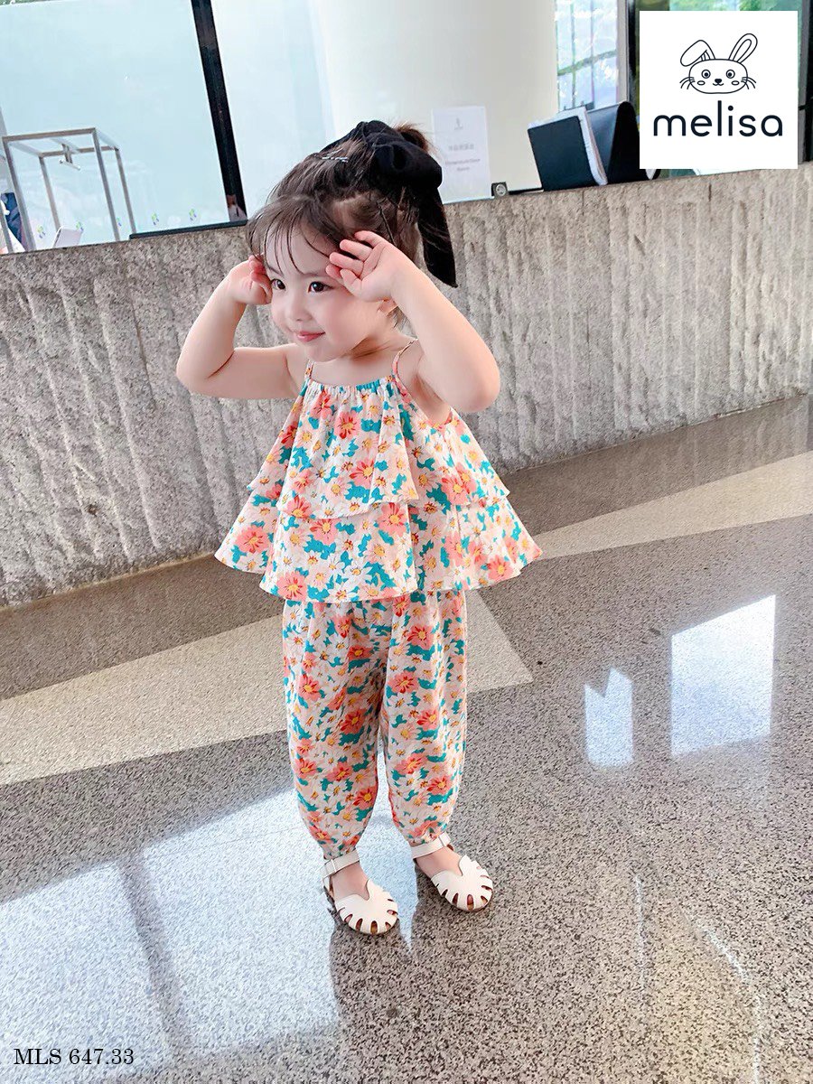 Bộ thô lanh Melisa áo 2 dây xếp bèo - quần boom 2 màu hoa size 2 - 11y