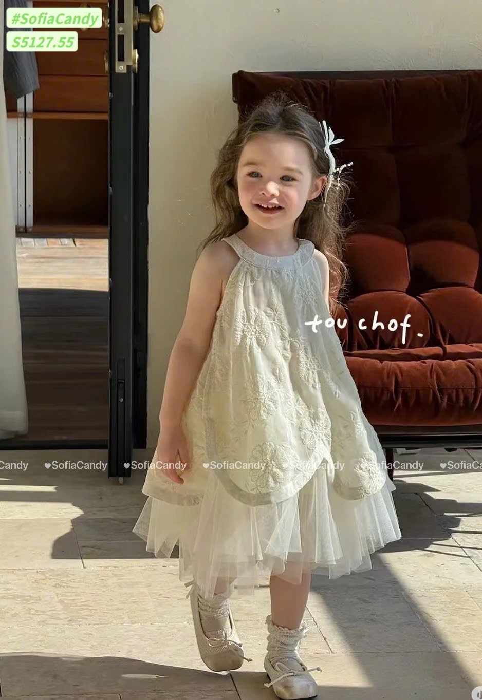 S5127 - Váy Sofia Candy công chúa màu kem thêu hoa phối chân ren mềm size 1-10y