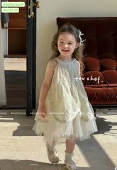 S5127 - Váy Sofia Candy công chúa màu kem thêu hoa phối chân ren mềm size 1-10y