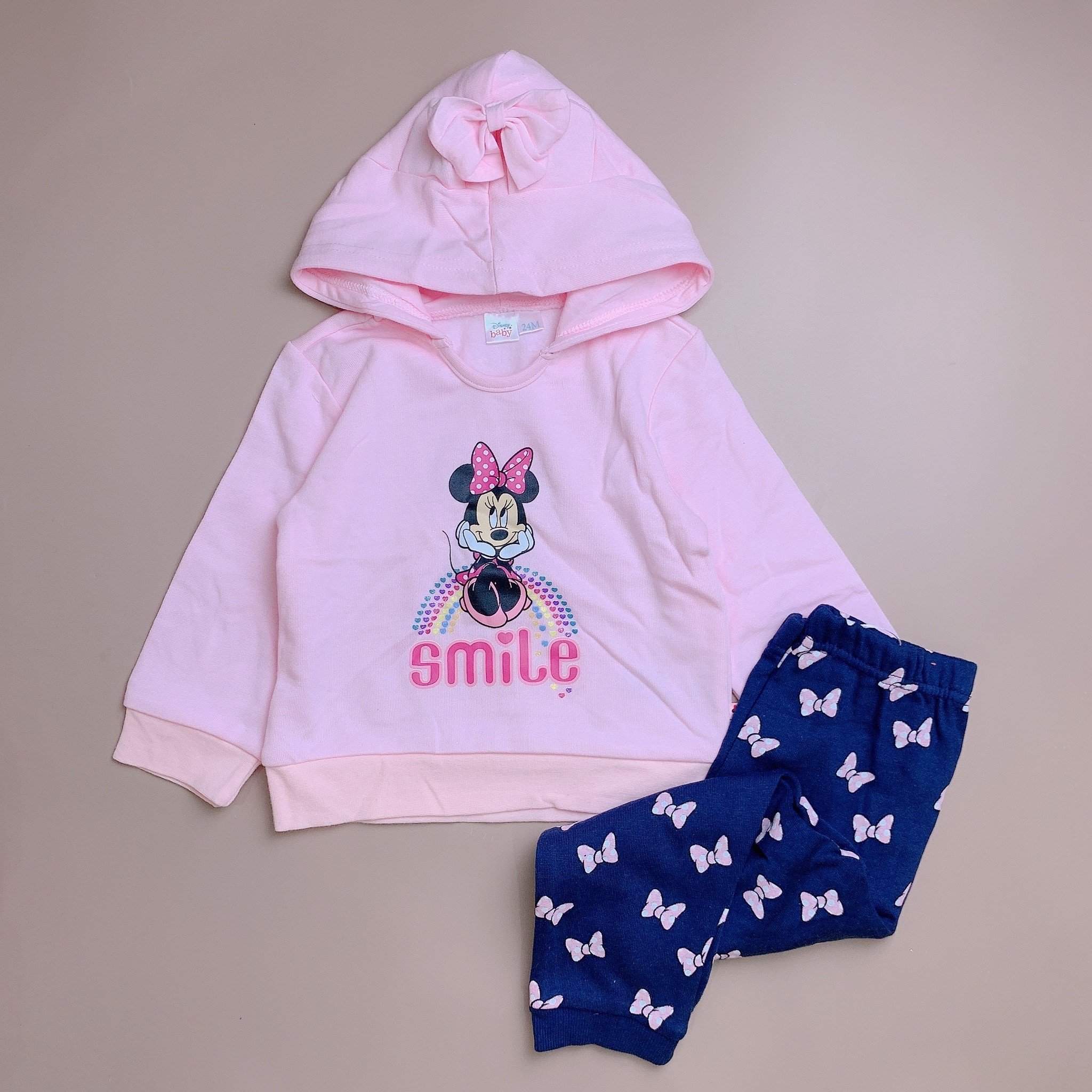 Bộ nỉ bông hoodie BG - Hồng Minnie quần ghi hình