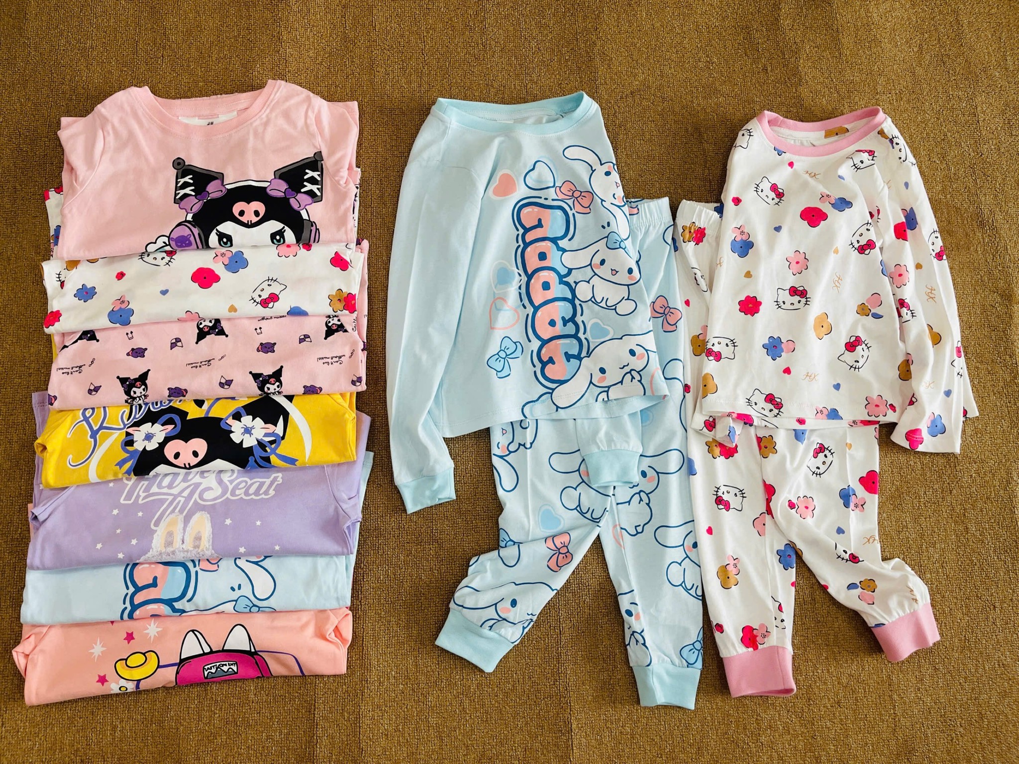 Bộ cotton HM nhiều hình Bé Gái Kuromi, Cinnamoroll, Kitty, Labubu size 2 - 10y (Bảng màu 2)