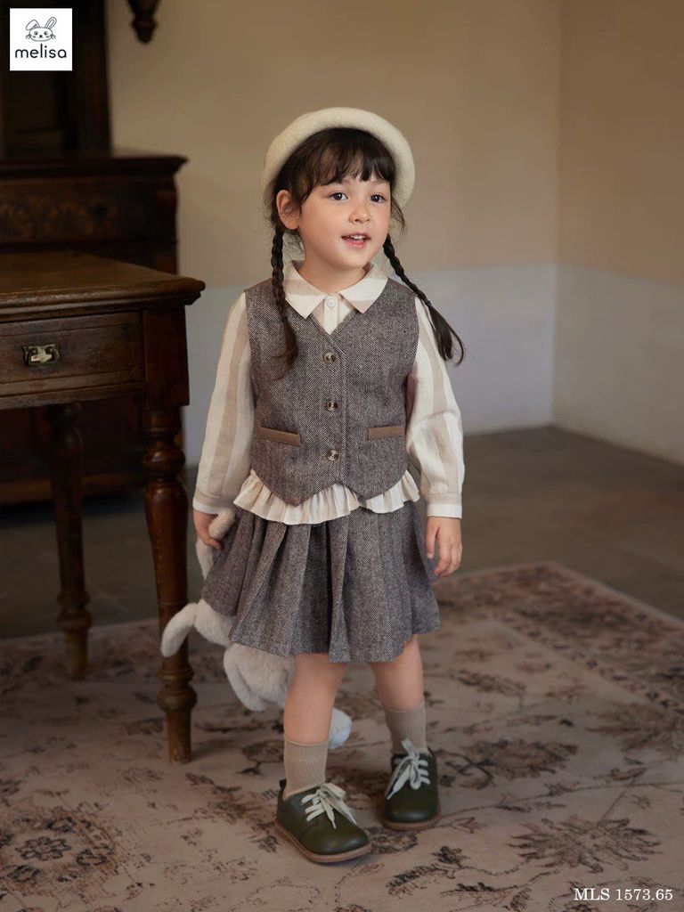 Set dạ Melisa 2 chi tiết màu ghi áo gile + chân váy xếp li size 2 - 12y (ko kèm sơ mi)