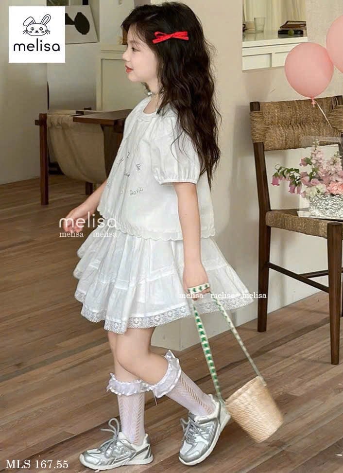 MLS 167 - Set bộ Melisa áo trắng thêu phối ren + chân váy trắng bé gái size 2-12y