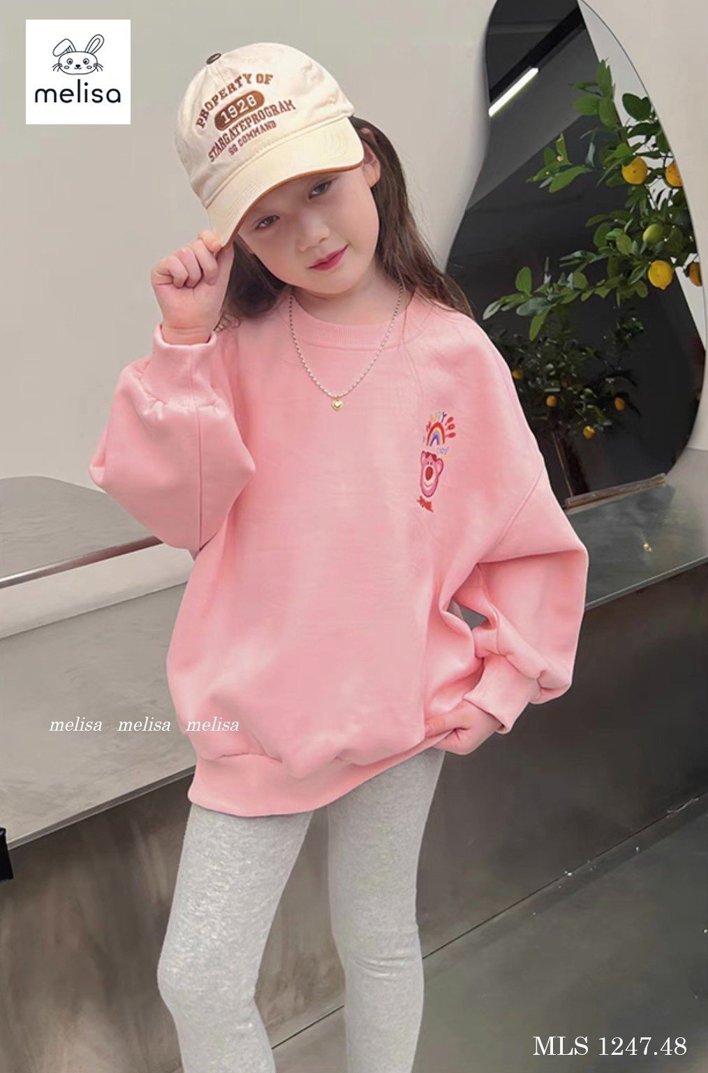 Bộ Melisa áo váy hồng in hình gấu dâu - quần legging cotton màu ghi size 2 - 12y