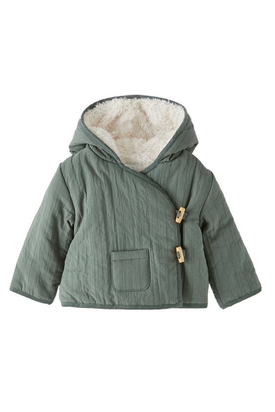 Áo khoác nhí Zara màu rêu lót lông cài khuy lệch size 1m - 12m