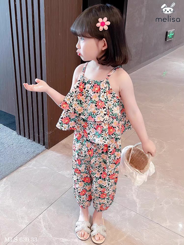 Bộ thô lanh Melisa áo 2 dây xếp bèo - quần boom 2 màu hoa size 2 - 11y