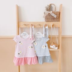 Váy cotton Mayoral kẻ hoa cúc 2 màu ghi / hồng ( kèm băng đô )