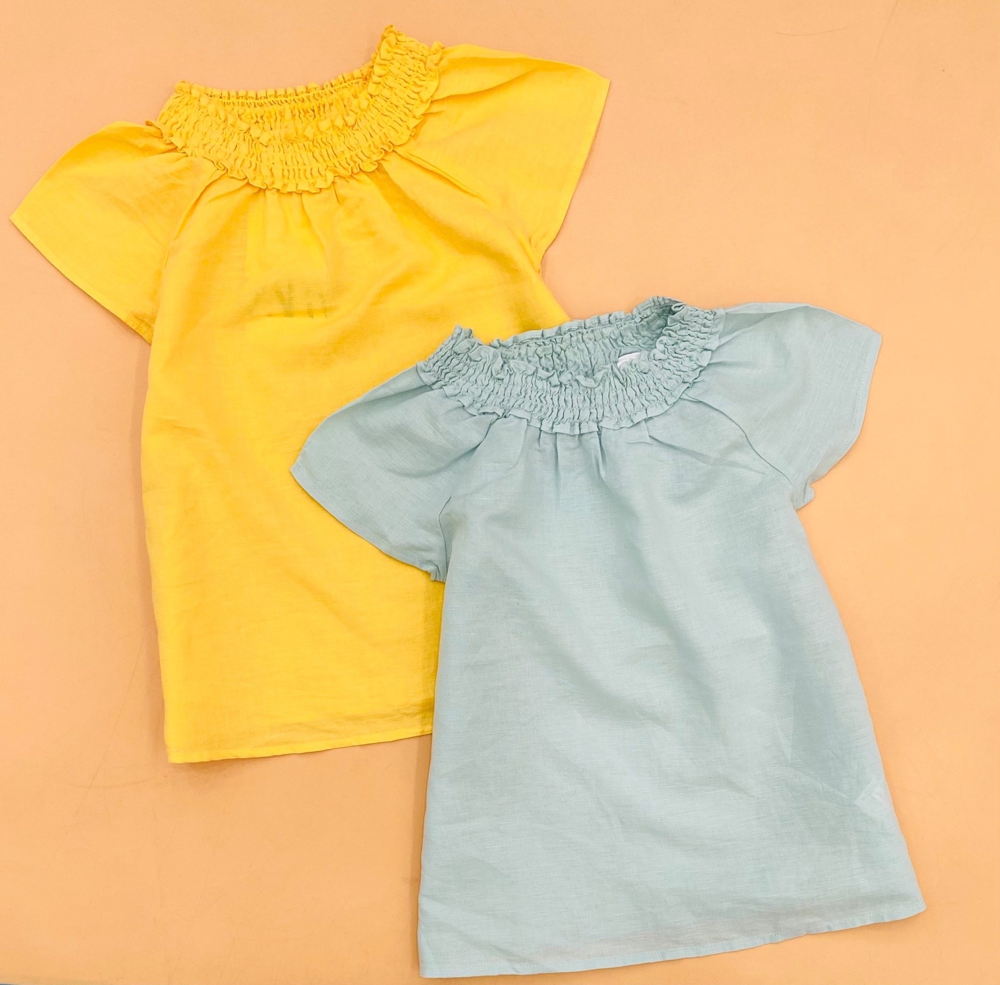 Váy linen Zara cổ nhún chun tay hến 2 màu vàng/xanh mint