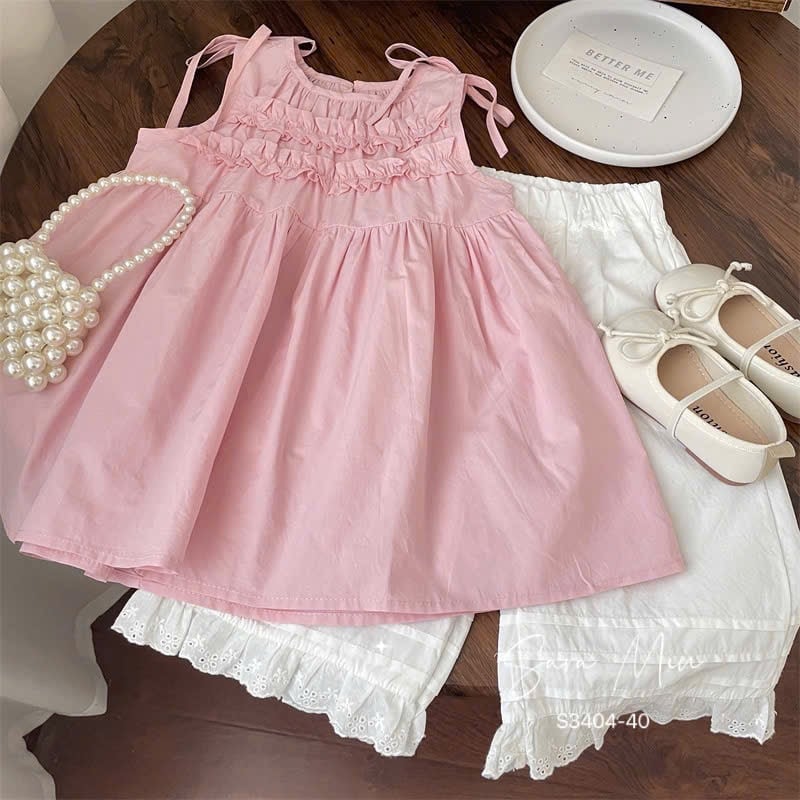 S3404 - Bộ Sara min áo hồng + quần trắng chân ren bé gái size 2-12y