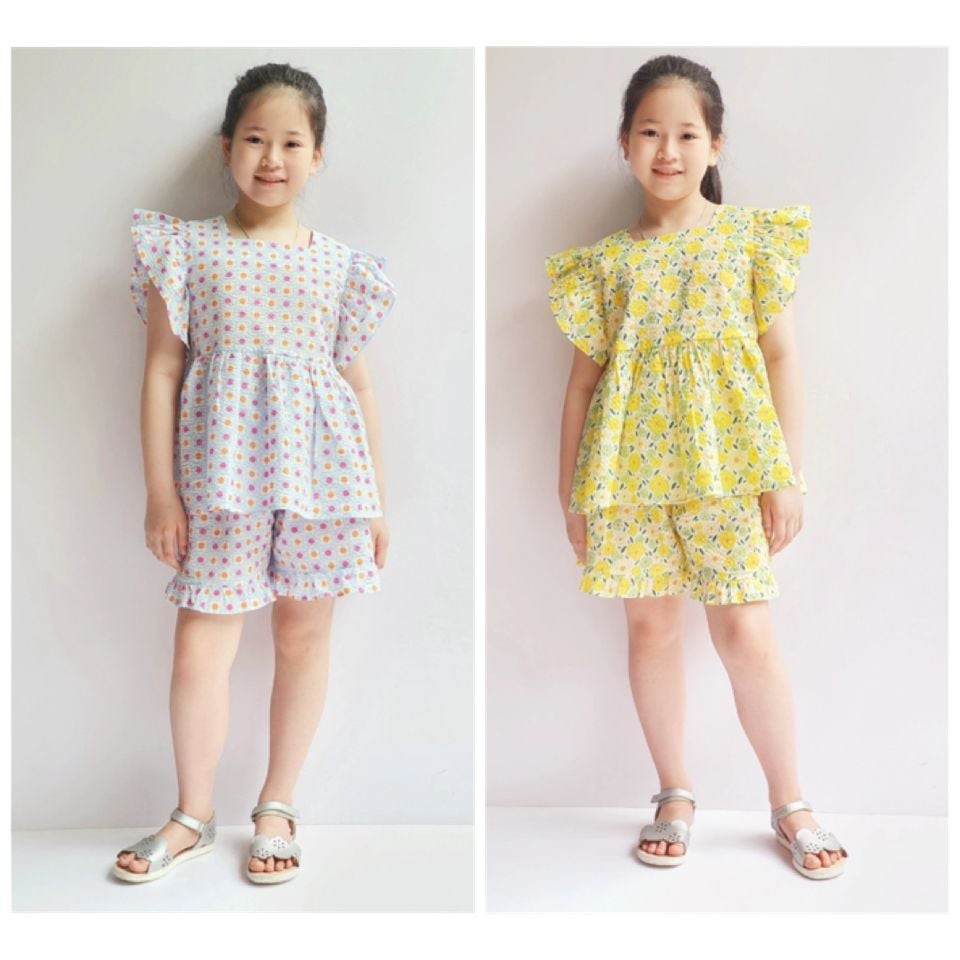 Bộ thô nhăn xuất Hàn nhún eo tay cánh tiên 2 màu size 100 - 140