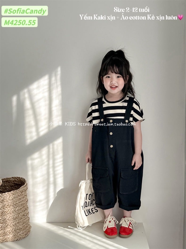 M4250 - Set yếm Mia Kids kaki đen phối áo kẻ size 2-12y