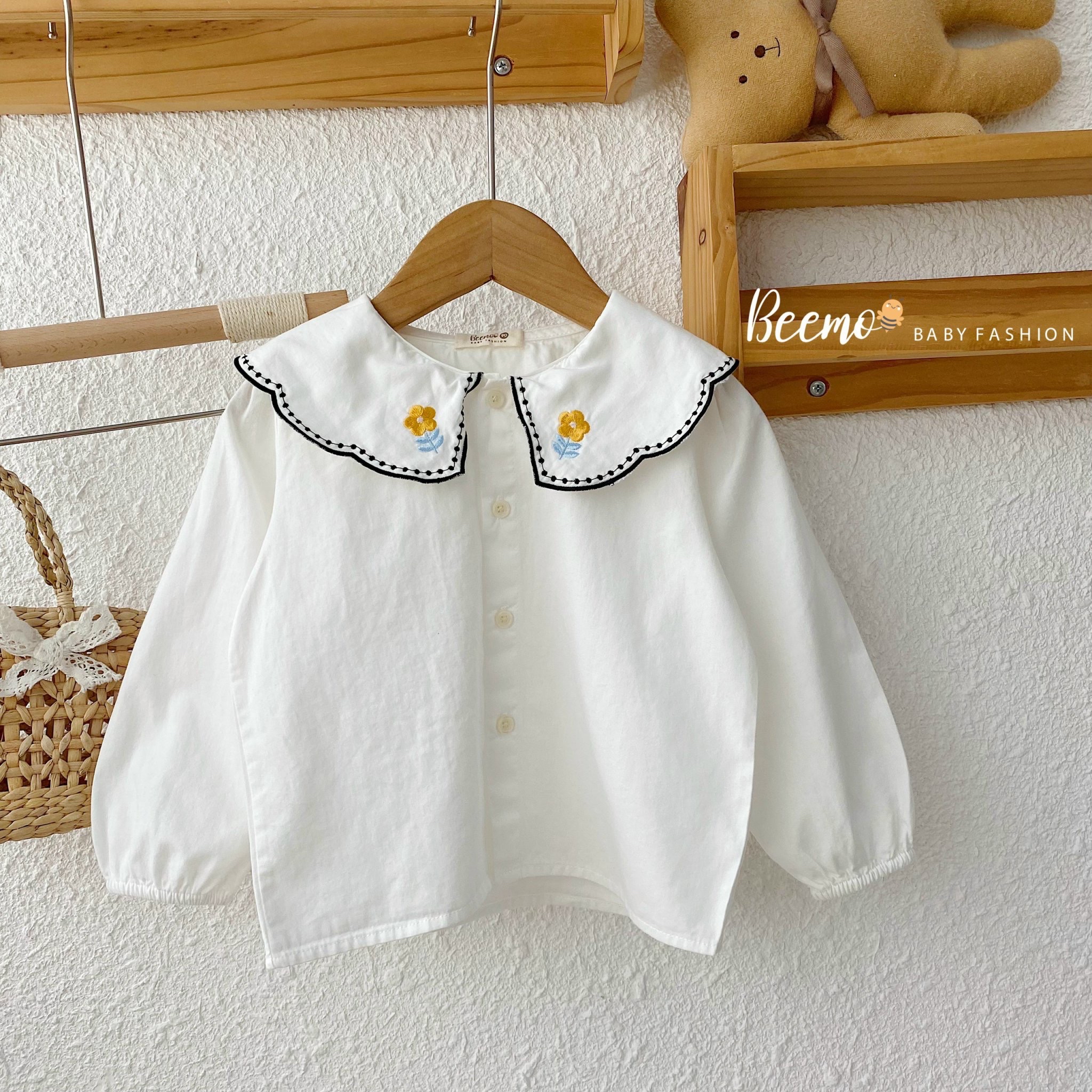 Áo sơ mi Beemo cổ sen sóng thêu hoa 2 màu BG