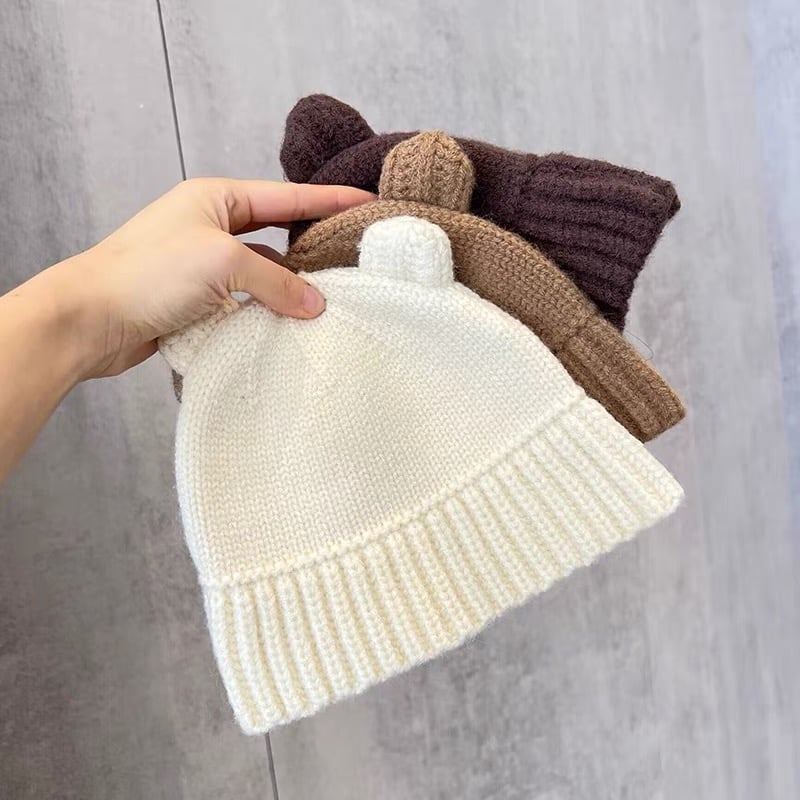 Mũ len tai gấu 3 màu trơn ( Free size 3 - 6y )