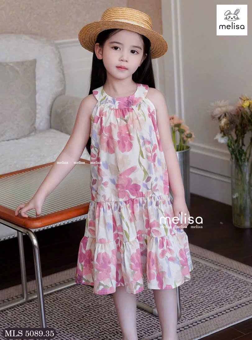 MLS 5089 - Váy Melisa cổ yếm vải thô hoa hồng bé gái size 2-12y