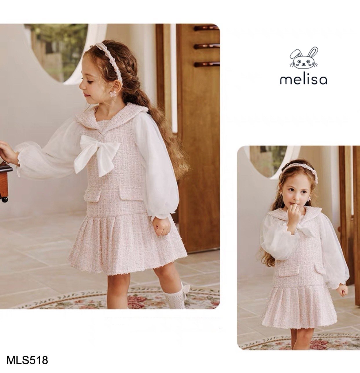 Váy dạ tweed Melisa màu hồng phối tay trắng đính nơ cổ size 12m - 10y