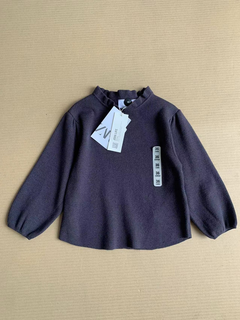 Áo len Zara cổ bèo nhún vai 2 màu rêu / ghi đậm size 9m - 5y