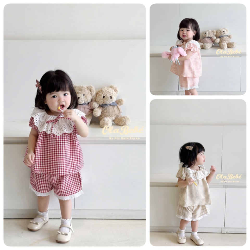 Bộ pyjama Hiyquin kẻ caro phối cổ ren nhiều màu bé gái size 1-6y