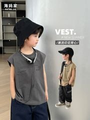 Áo thun sát nách QC vải wash 2 màu ghi/nâu be bé trai size 110-170