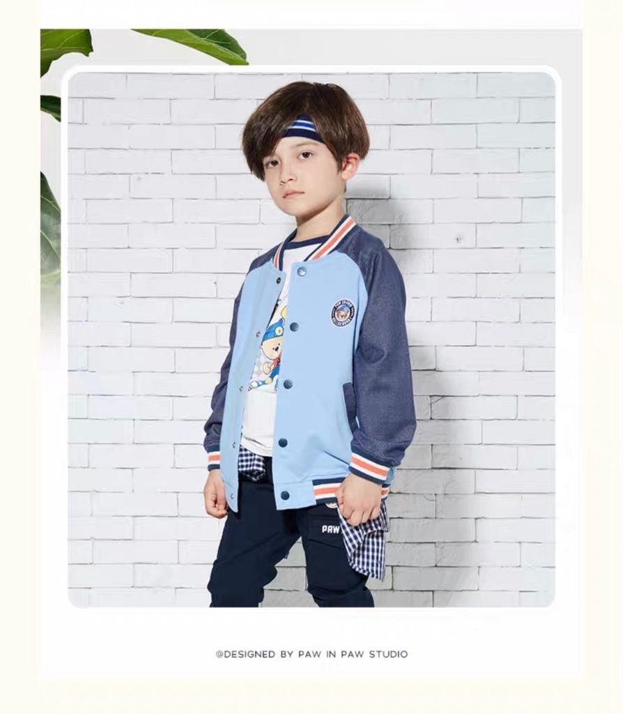 Áo khoác nỉ bomber Paw in Paw màu xanh dương phối tay navy logo gấu