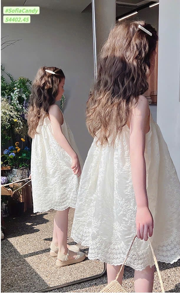S4402 - Váy Sofia Candy màu be thêu hoa cổ yếm bé gái size 1-10y